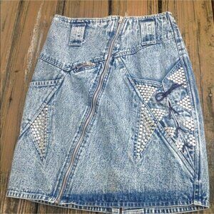Vtg Dameit Acid Wash Jean Skirt XS S 34 Stud 80s